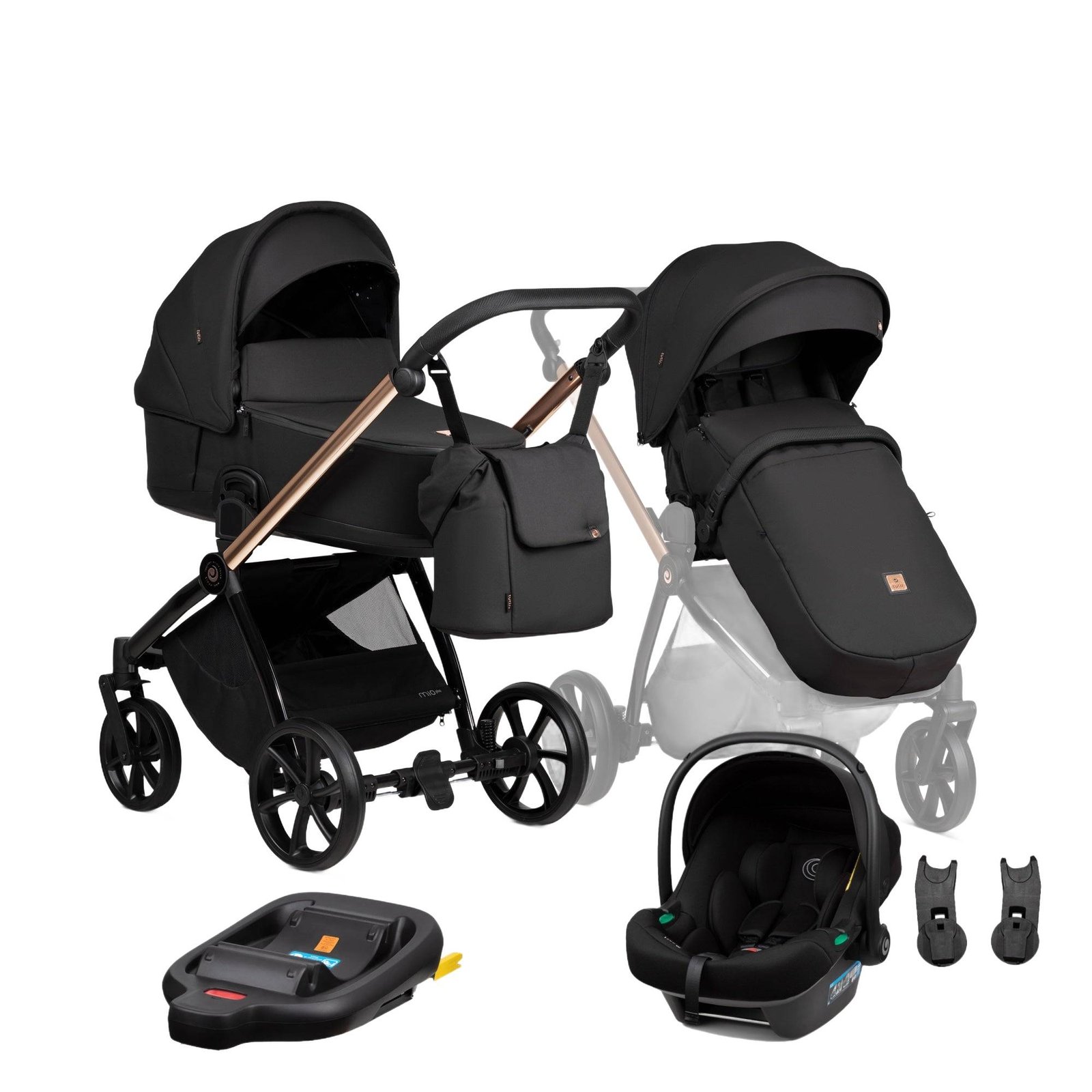 Tutis Mio3+ Thermo Black Edition ratiņi 4in1 Rose Gold (292) + Tutis Elo Lux i-Size autokrēsliņš un ISOFIX bāze