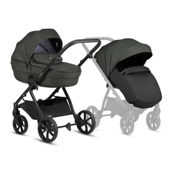 Tutis Uno6 kūdikių vežimėlis 2in1, tamsiai žalias su juodu lopšiu ir sportine dalimi, su dideliais ratais
