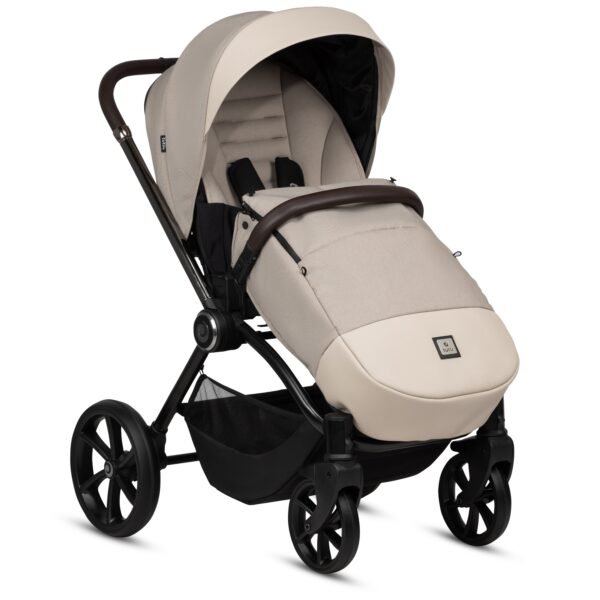 Tutis Gio smėlio spalvos sportinis vežimėlis su stogeliu, minkštu lopšiu ir juodais ratais