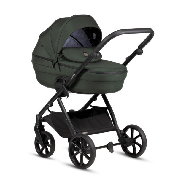 Tutis Uno6+ tamsiai žalias kūdikių vežimėlis su lopšiu ir dideliais juodais ratais