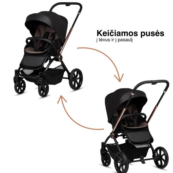Juodas Tutis Gio kūdikių vežimėlis su sportine dalimi, sulankstomas ir su dideliu stogeliu