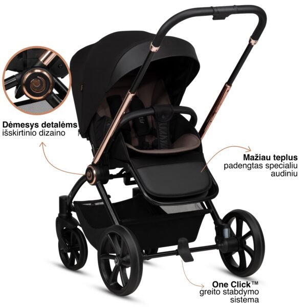 Juodas Tutis Gio sportinis vežimėlis su rožinio aukso detalėmis ir dideliu stogeliu