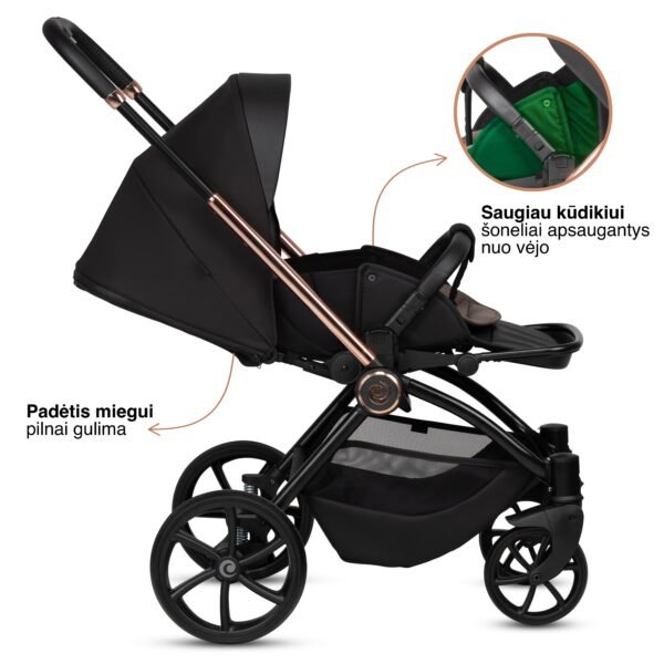 Juodas Tutis Gio sportinis vežimėlis su visiškai gulima padėtimi ir vėjo apsaugos šonais