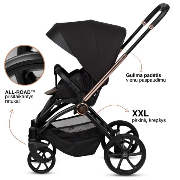 Tutis Gio juodas sportinis vežimėlis su stogeliu, dideliais ratais ir pirkinių krepšiu