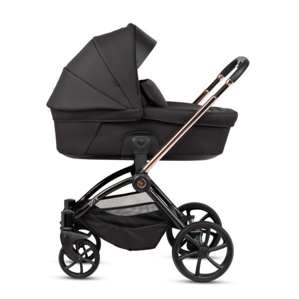 Tutis Gio+ kūdikių vežimėlis su juodu lopšiu ir rožinio aukso rėmu, dideliais ratais