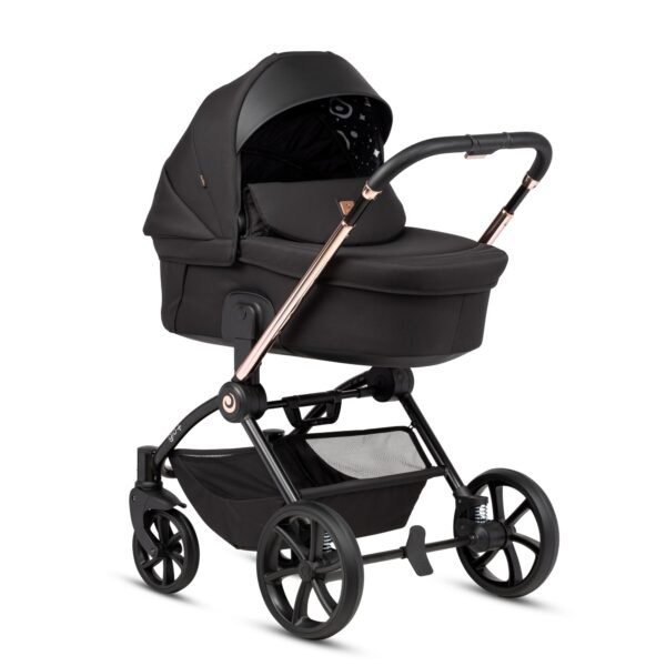 Juodas Tutis Gio+ kūdikių vežimėlis su lopšiu, dideliais ratais ir rožinio aukso rėmu