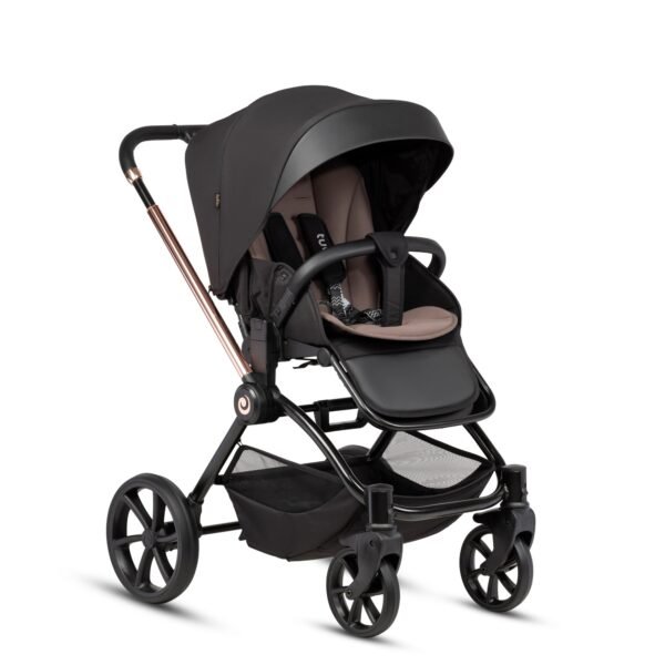 Tutis Gio+ juodas kūdikių vežimėlis su dideliu stogeliu ir vežimėlio lopšiu bei sėdima dalimi