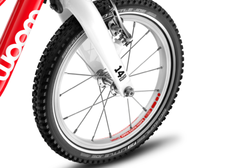 WOOM GO 2 bērnu velosipēda 14 collu priekšējais ritenis ar riepu un spieķiem, sarkanbalts