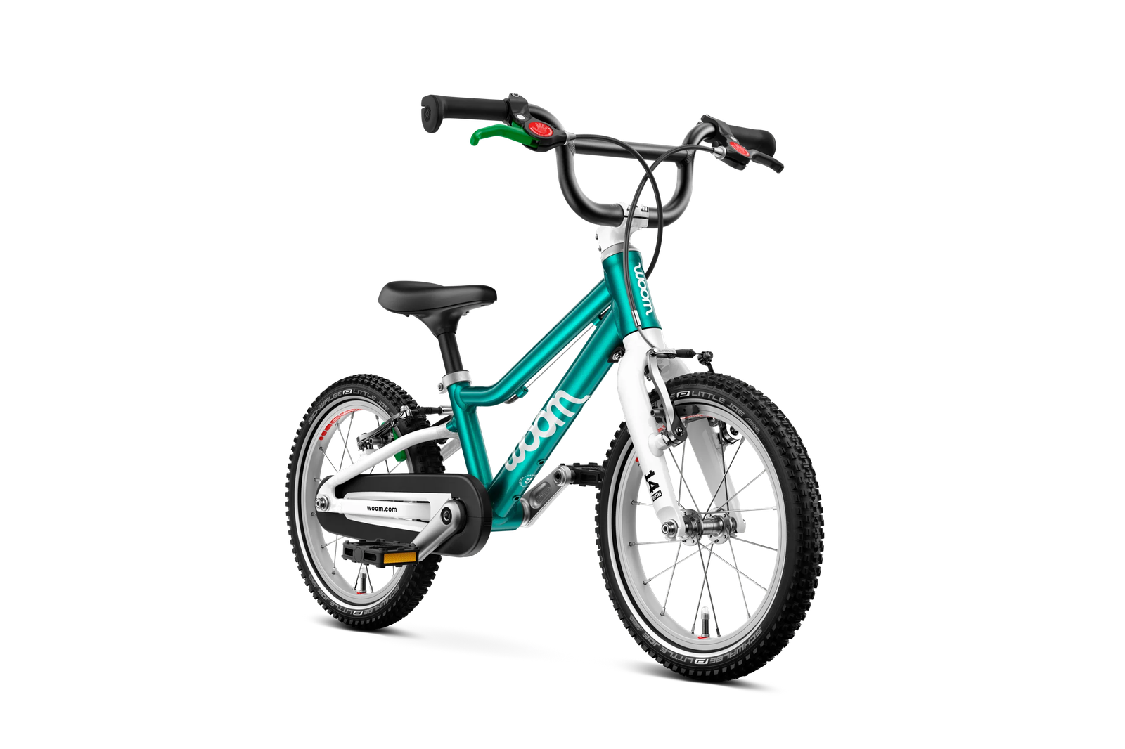 WOOM GO 2 bērnu velosipēds metāliskā tirkīza krāsā ar melniem riepām un baltiem rāmja elementiem