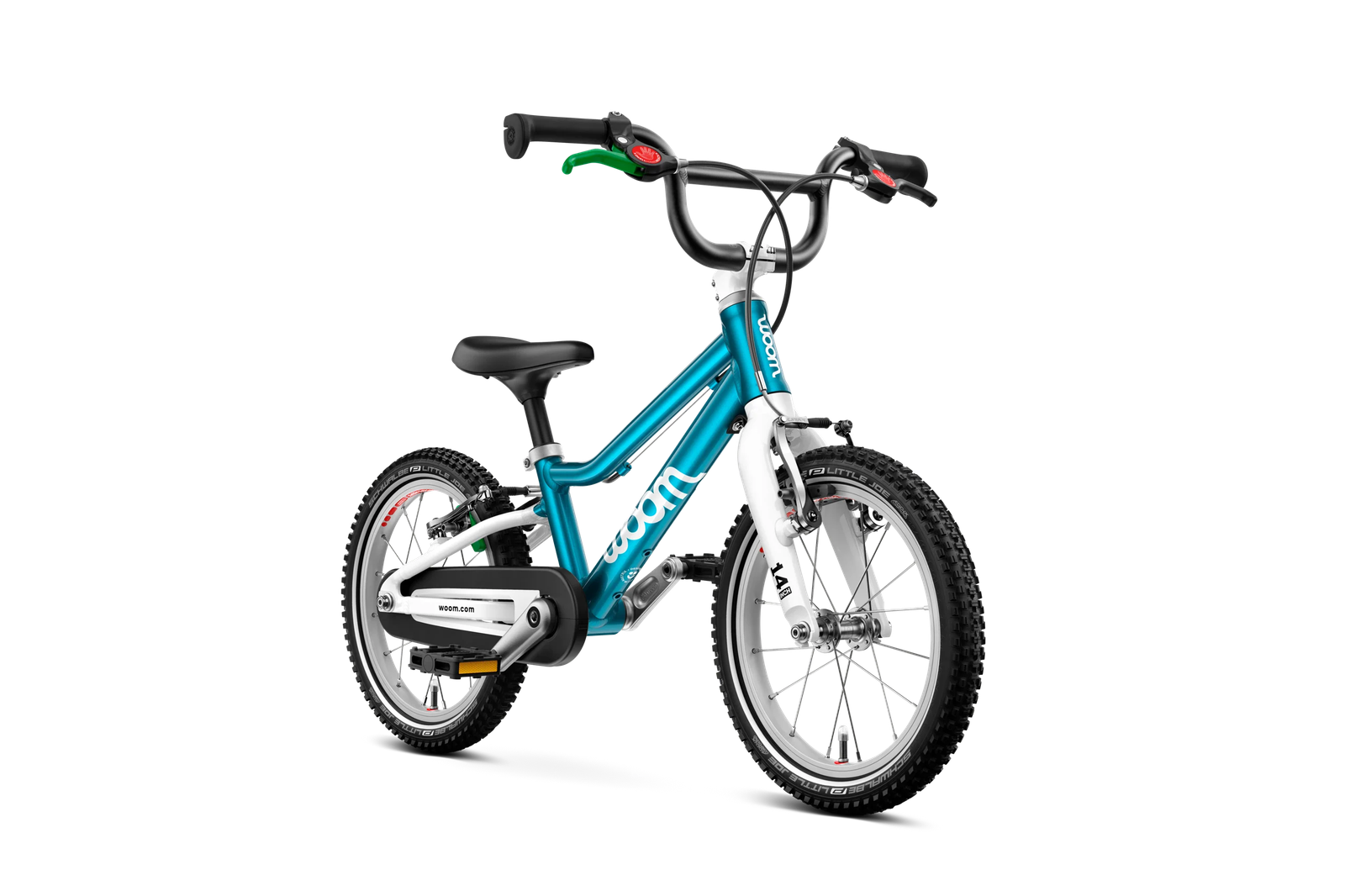 WOOM GO 2 bērnu velosipēds zilā krāsā ar stabilām riepām un baltiem elementiem