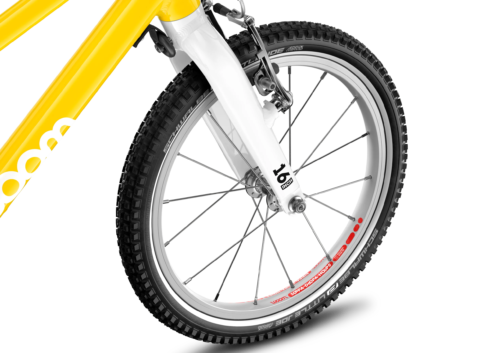 WOOM GO 3 dzeltena bērnu velosipēda 16 collu priekšējais ritenis ar riepām un spieķiem