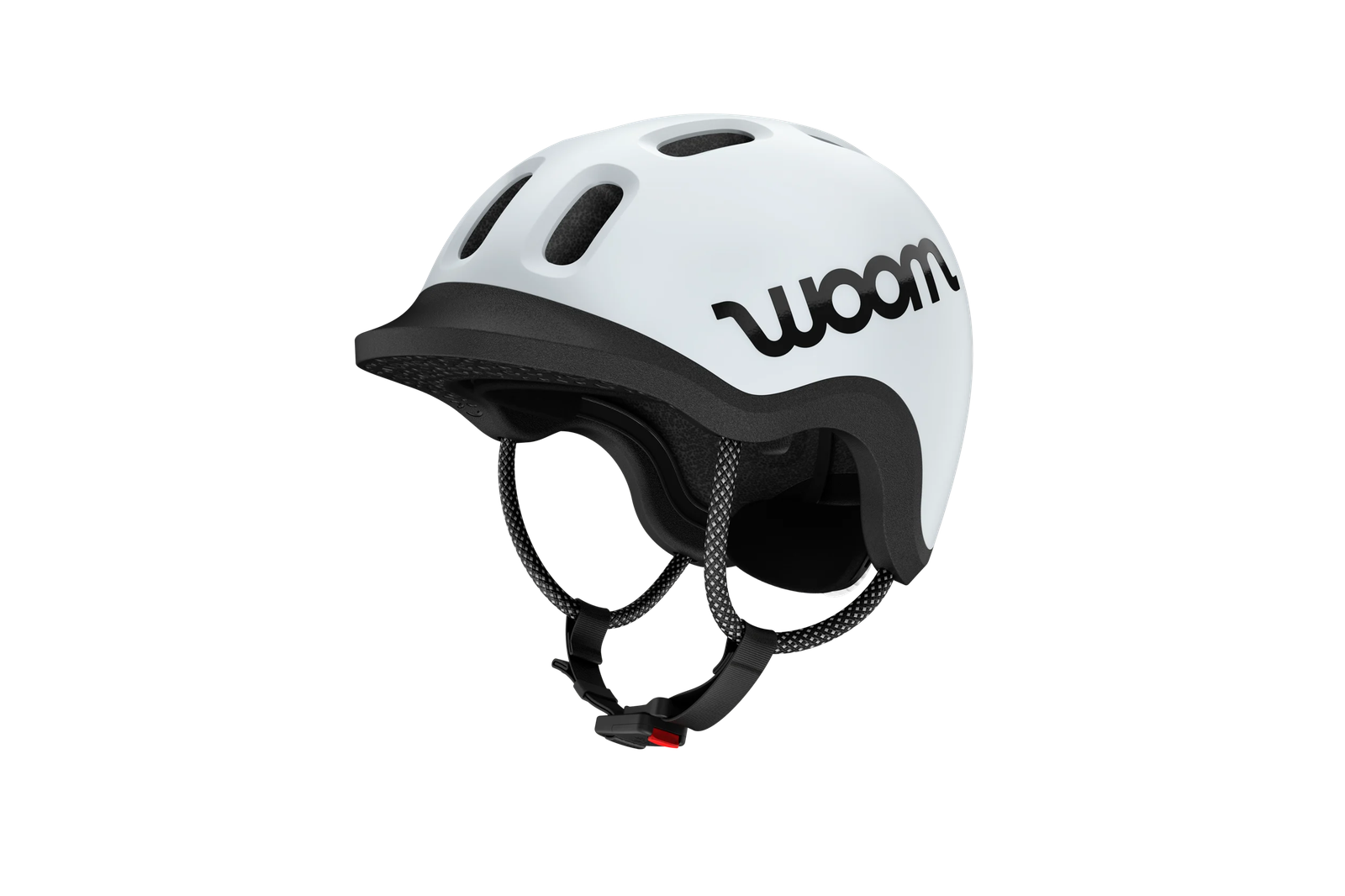 Balta WOOM KIDS bērnu velosipēdista ķivere ar melnu malu un zoda siksnu, XS 46–50 cm