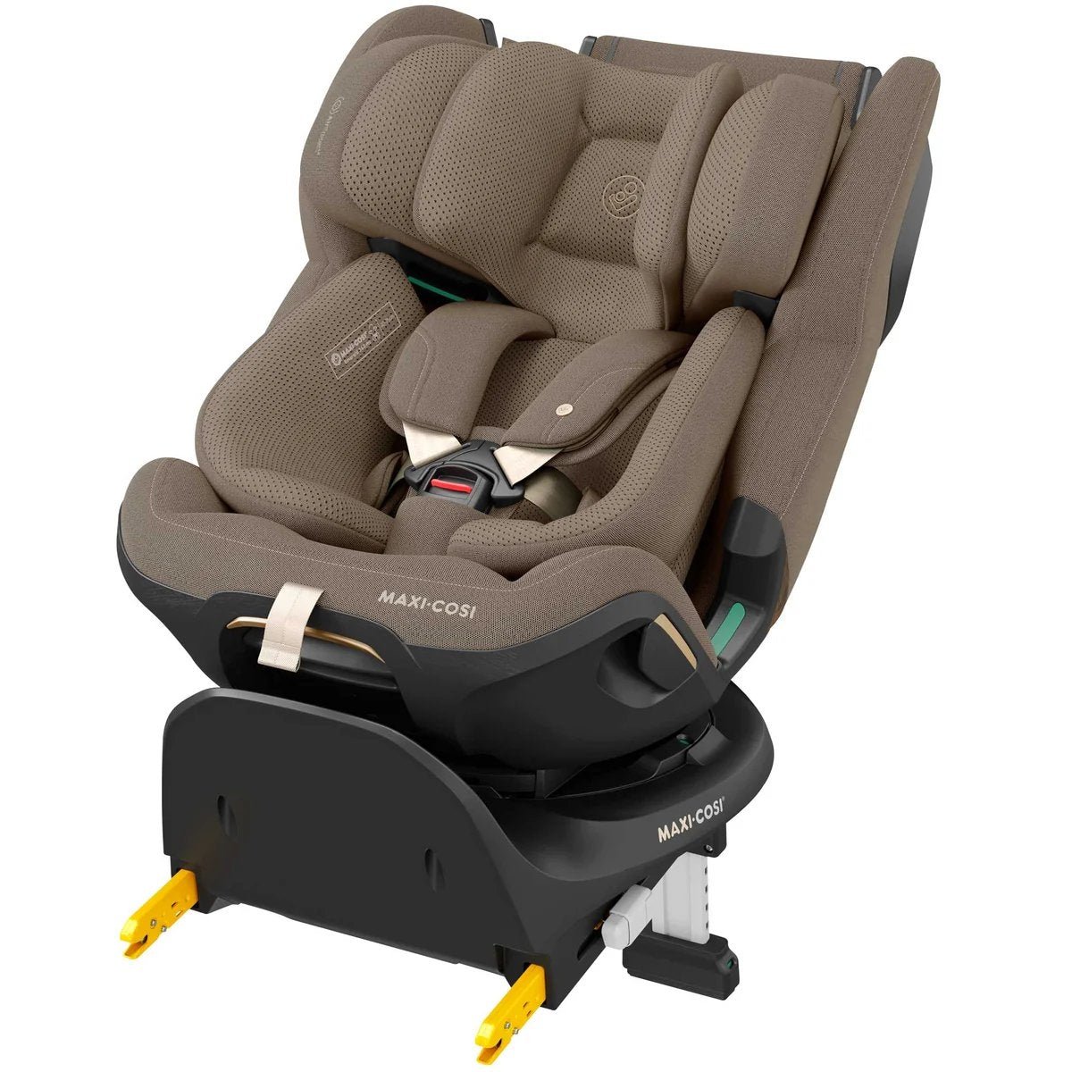 Brūns Maxi-Cosi autokrēsliņš ar bāzi un polsterētu ieliktni ergonomiskā formā