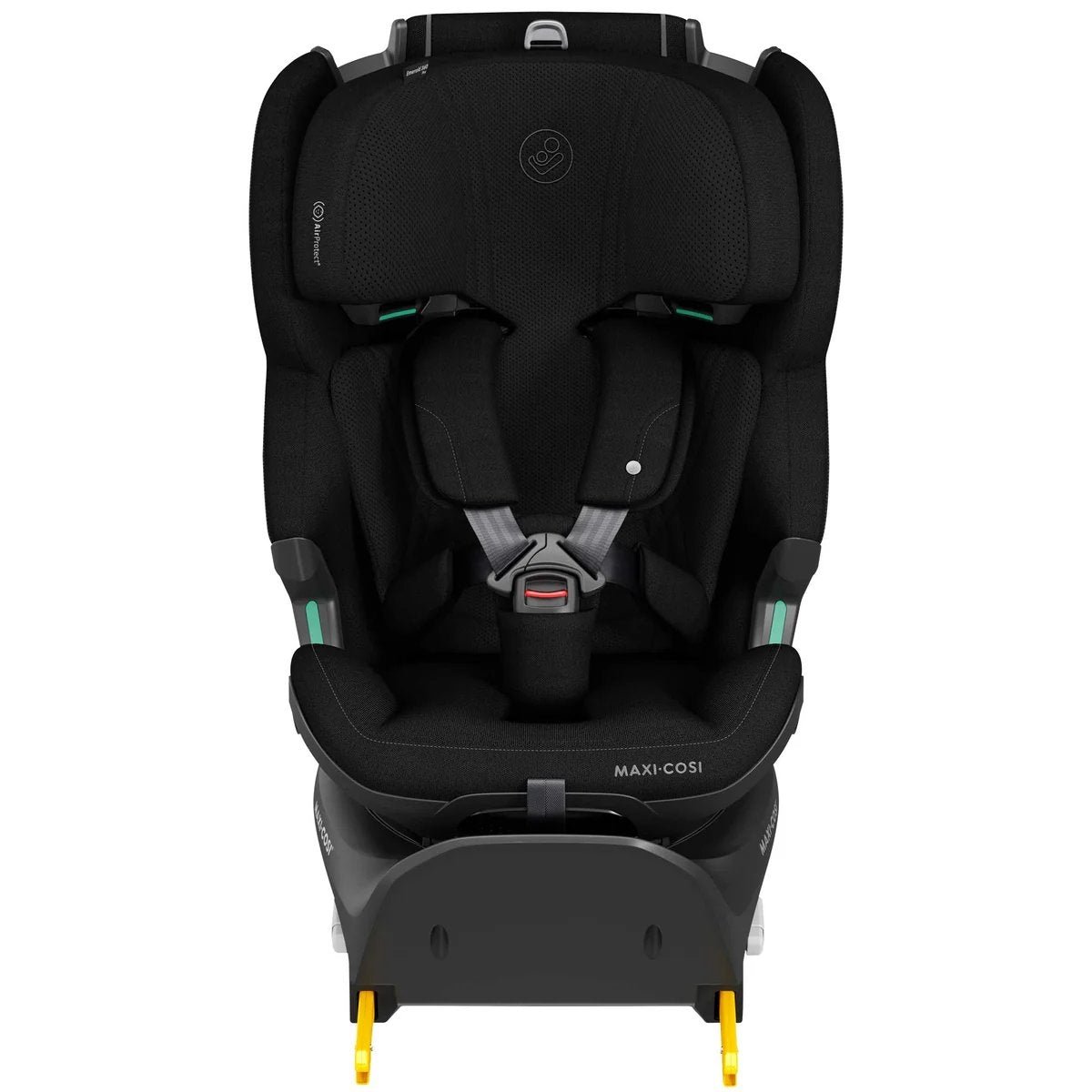 Melns Maxi-Cosi autokrēsliņš ar Isofix bāzi un piecu punktu drošības jostām