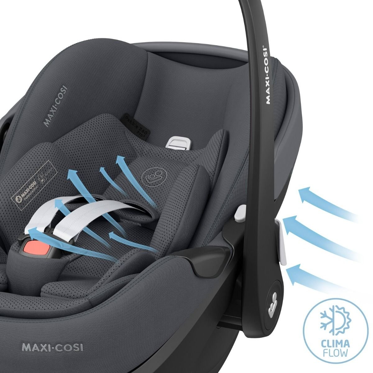 Maxi-Cosi Pebble 360 Pro2 pelēks zīdaiņu autokrēsliņš ar drošības jostām un zilu ventilācijas zīmi