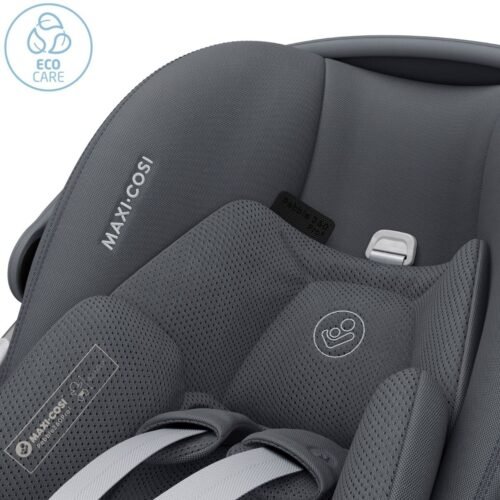 Pelēks Maxi-Cosi Pebble 360 Pro2 autokrēsliņš ar mīkstu polsterējumu un piecu punktu drošības jostām