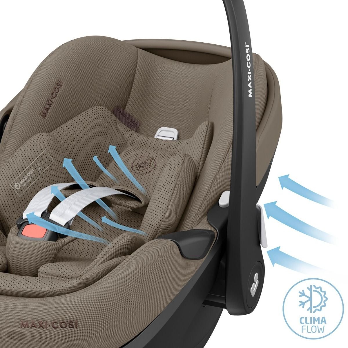 Maxi-Cosi Pebble 360 Pro2 autokrēsliņš brūnā krāsā ar drošības jostām un kulbas pamatni