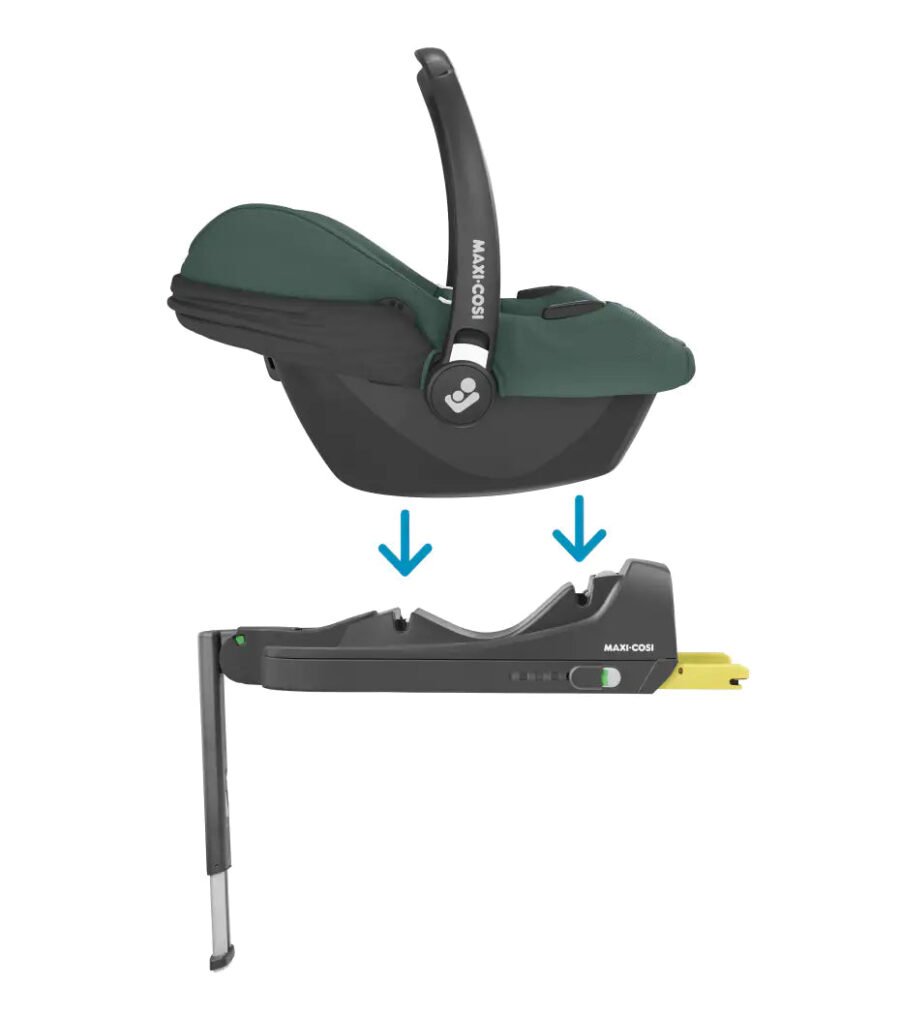 Maxi-Cosi zaļš zīdaiņu autokrēsliņš ar Isofix bāzi un atbalsta kāju