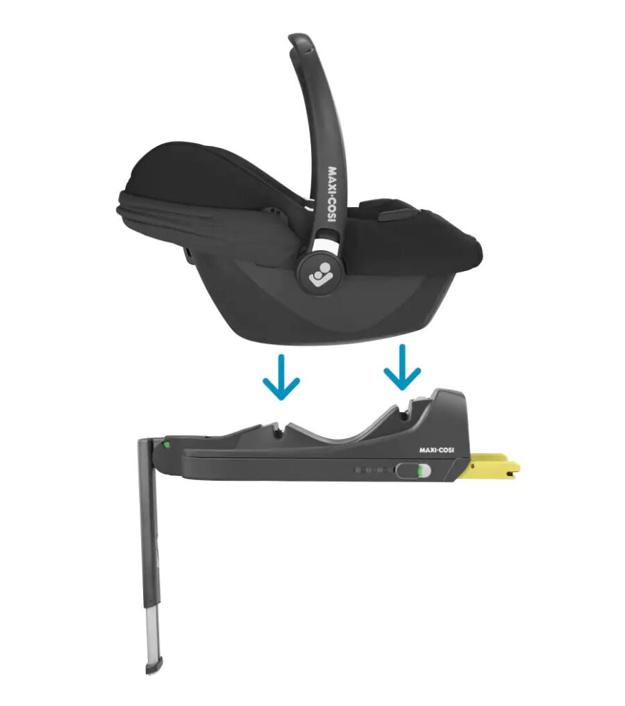 Melns Maxi-Cosi zīdaiņu autokrēsliņš ar Isofix pamatni un balstu kājai