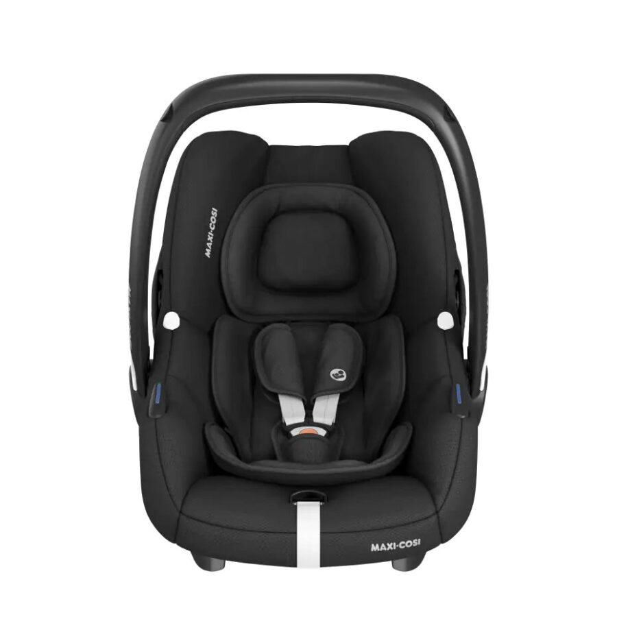 Melns Maxi-Cosi CabrioFix i-Size autokrēsliņš ar ieliktni un drošības jostām