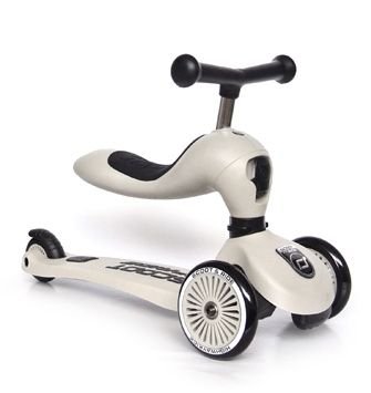 Pelēks Scoot and Ride Highwaykick 1 skrejritenis ar sēdekli un trim riteņiem