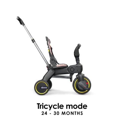 Doona Liki Trike S3 salokāms trīsritenis blush pink ar melnu rāmi un atzveltni, trīs riteņi, vadāms rokturis