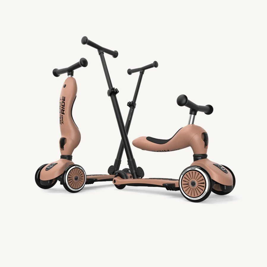 Mokkas krāsas Scoot and Ride bērnu skrejritenis ar stūmējrokturi un trim riteņiem