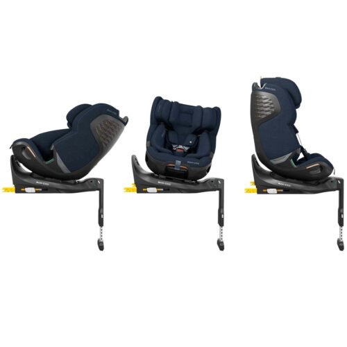 Tumši zils Maxi-Cosi autokrēsliņš ar Isofix bāzi, redzams sānu un frontāls skats