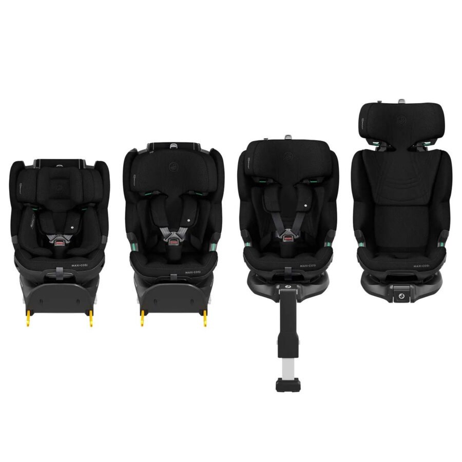 Melns Maxi-Cosi autokrēsliņš ar regulējamu galvas balstu un Isofix bāzi liekšanai ar skatu uz priekšu un atpakaļ