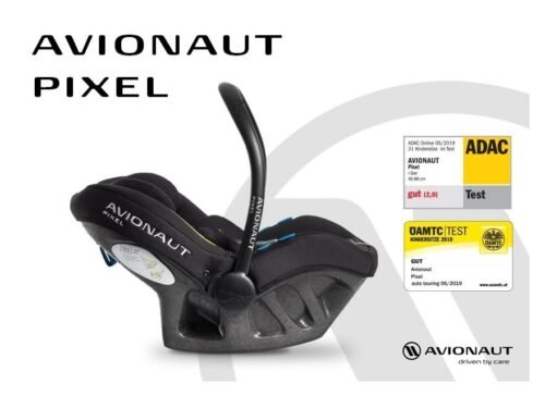 Avionaut Pixel melns autokrēsliņš ar regulējamu rokturi un aizsargpolsteriem