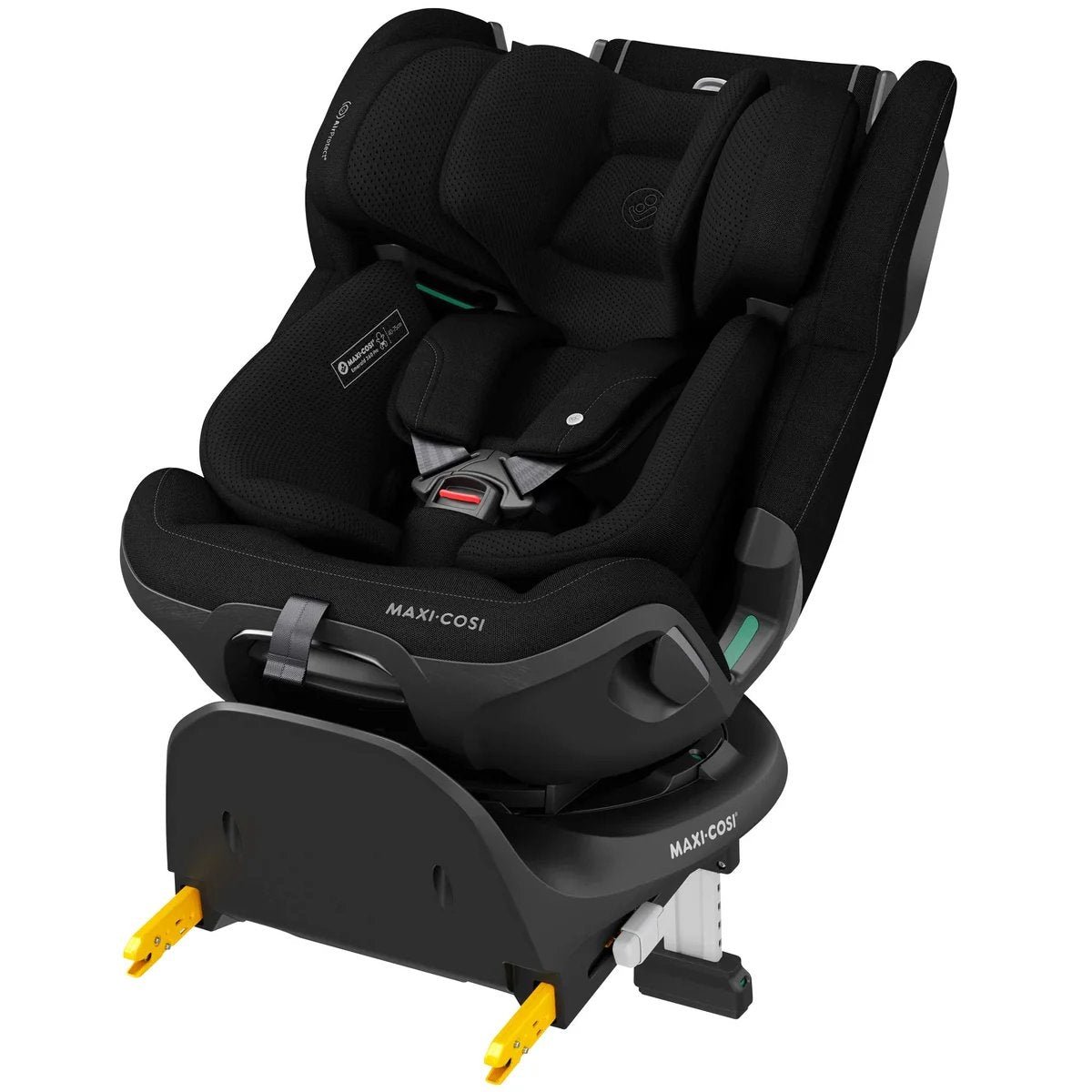 Melns Maxi-Cosi autokrēsliņš ar Isofix bāzi un drošības jostu stiprinājumu