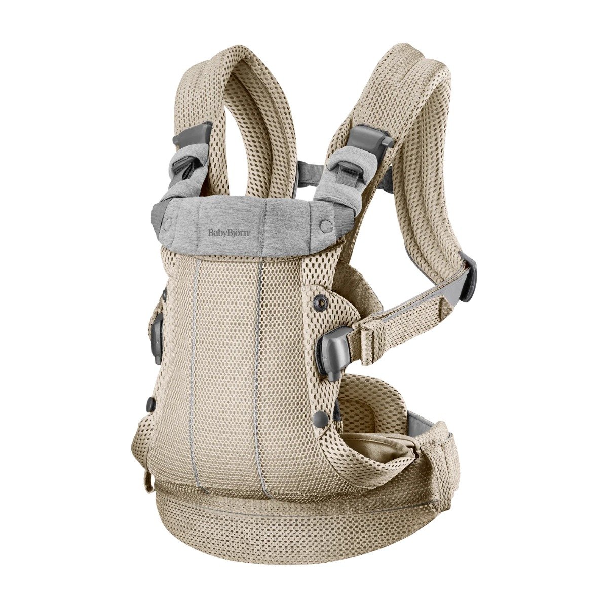 babybjorn-harmony-3d-mesh-kengursoma-grey-beige-balts-fons BabyBjörn Harmony 3D Mesh ķengursoma Grey Beige