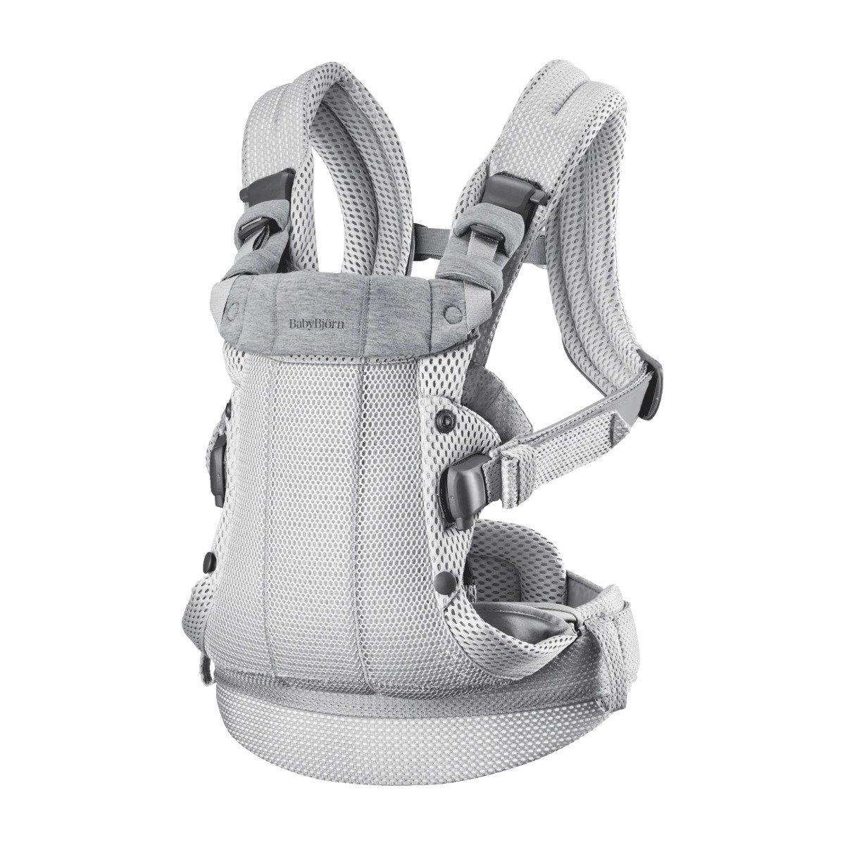 babybjorn-harmony-3d-mesh-kengursoma-silver-balts-fons BabyBjörn Harmony 3D Mesh ķengursoma Silver