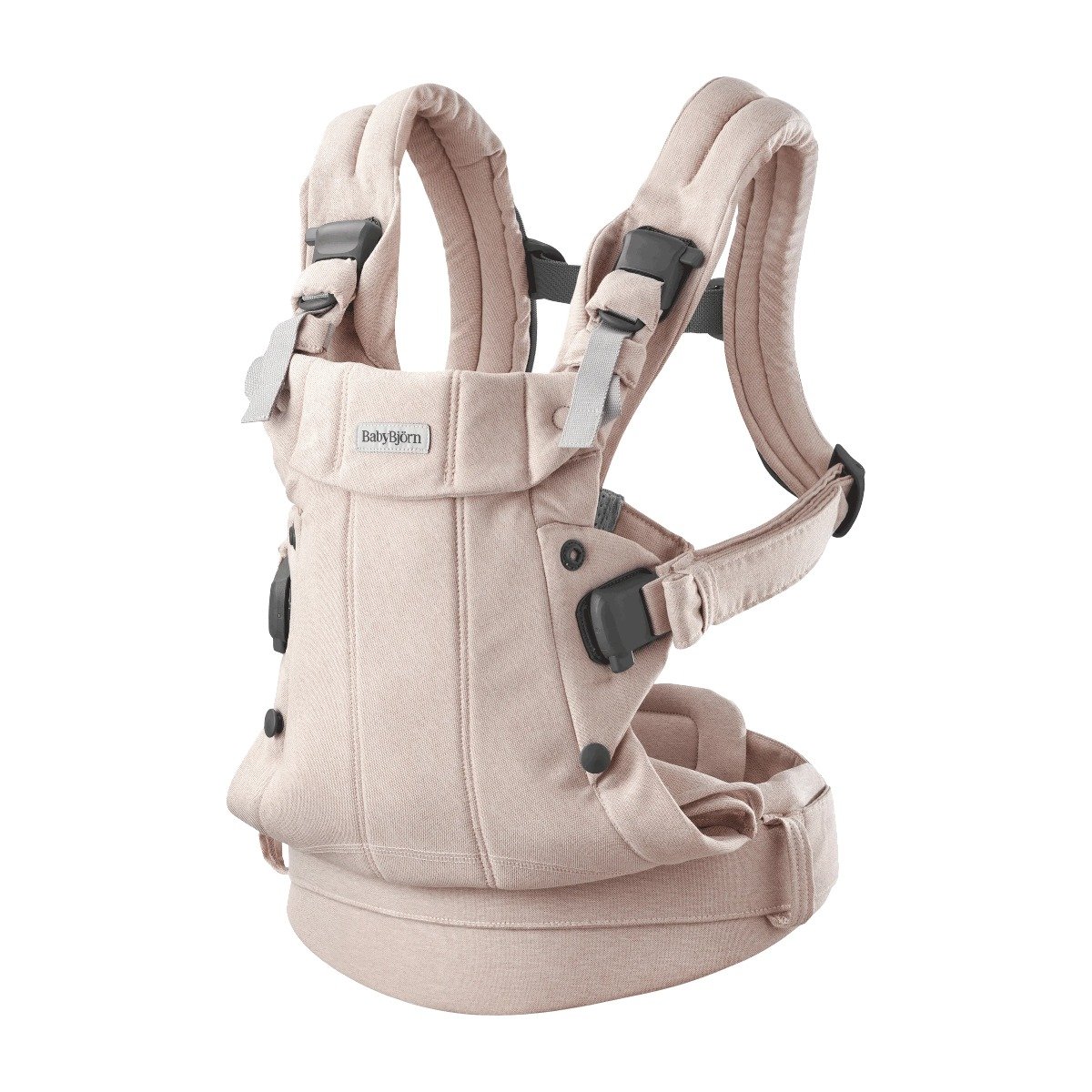 babybjorn-harmony-woven-melange-kengursoma-light-pink-balts-fons BabyBjörn Harmony Woven Melange ķengursoma Light Pink