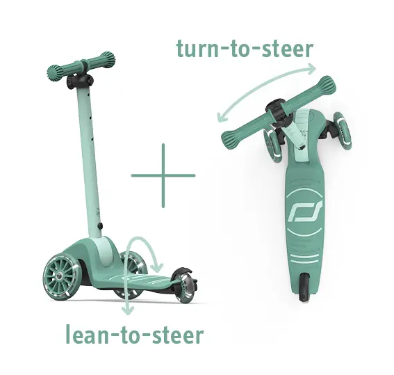 Zaļš Scoot and Ride Highwaykick 3S skrejritenis ar regulējamu stūri un trim riteņiem￼