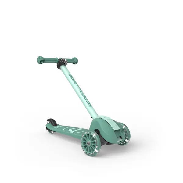 Zaļš Scoot and Ride Highwaykick 3S skrejritenis ar trim riteņiem un regulējamu stūri
