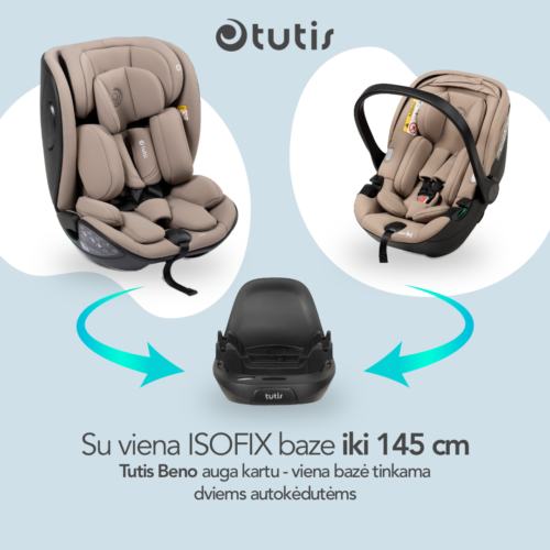 Tutis Bėno autokrēsliņš ar ISOFIX bāzi un melnu drošības rāmi, attēlots smilškrāsā