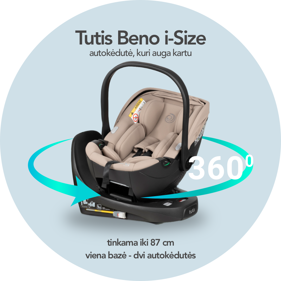 Tutis Beno i-Size autokrēsliņš bēšā un melnā krāsā ar pamatni un 360° grozījumu