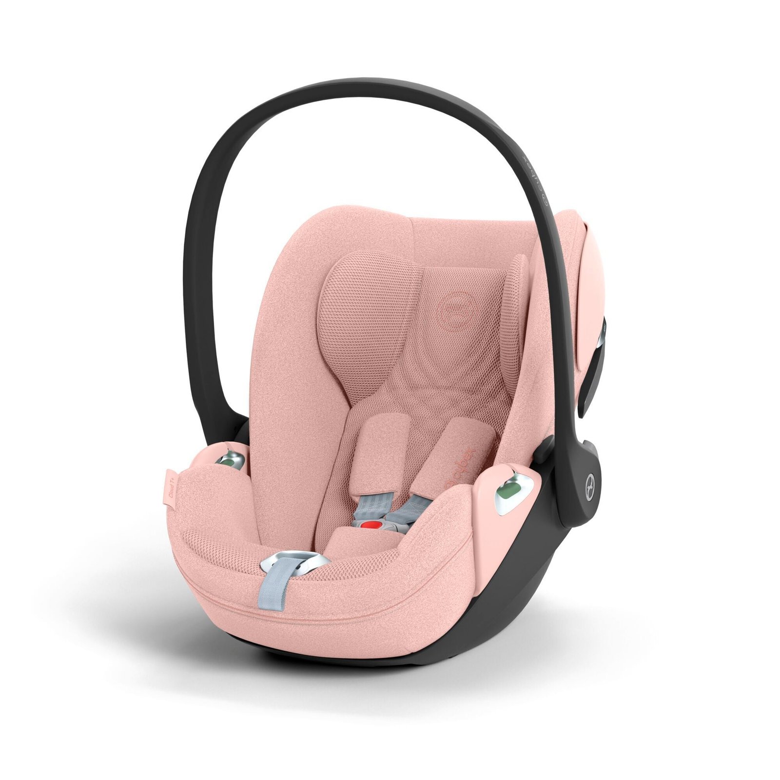 Rozā Cybex Cloud T i-Size bērnu autokrēsliņš ar melnu rokturi un drošības jostām