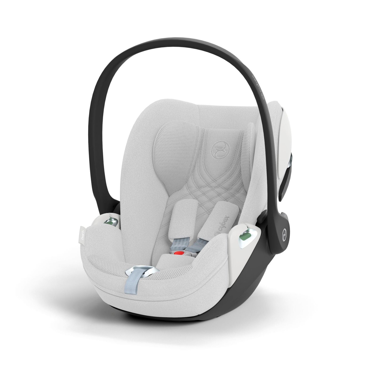 Cybex Cloud T i-Size gaiši pelēks autokrēsliņš ar melnu rokturi un iestrādātām drošības jostām