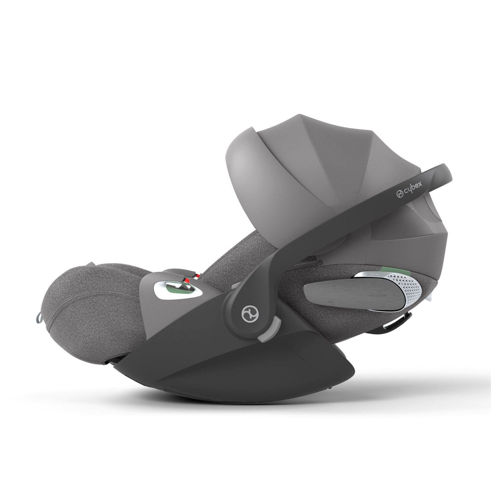 Cybex Cloud T i-Size autokrēsliņš ar pelēku pārvalku un atgāztu kulbas pozīciju, redzams pamats￼