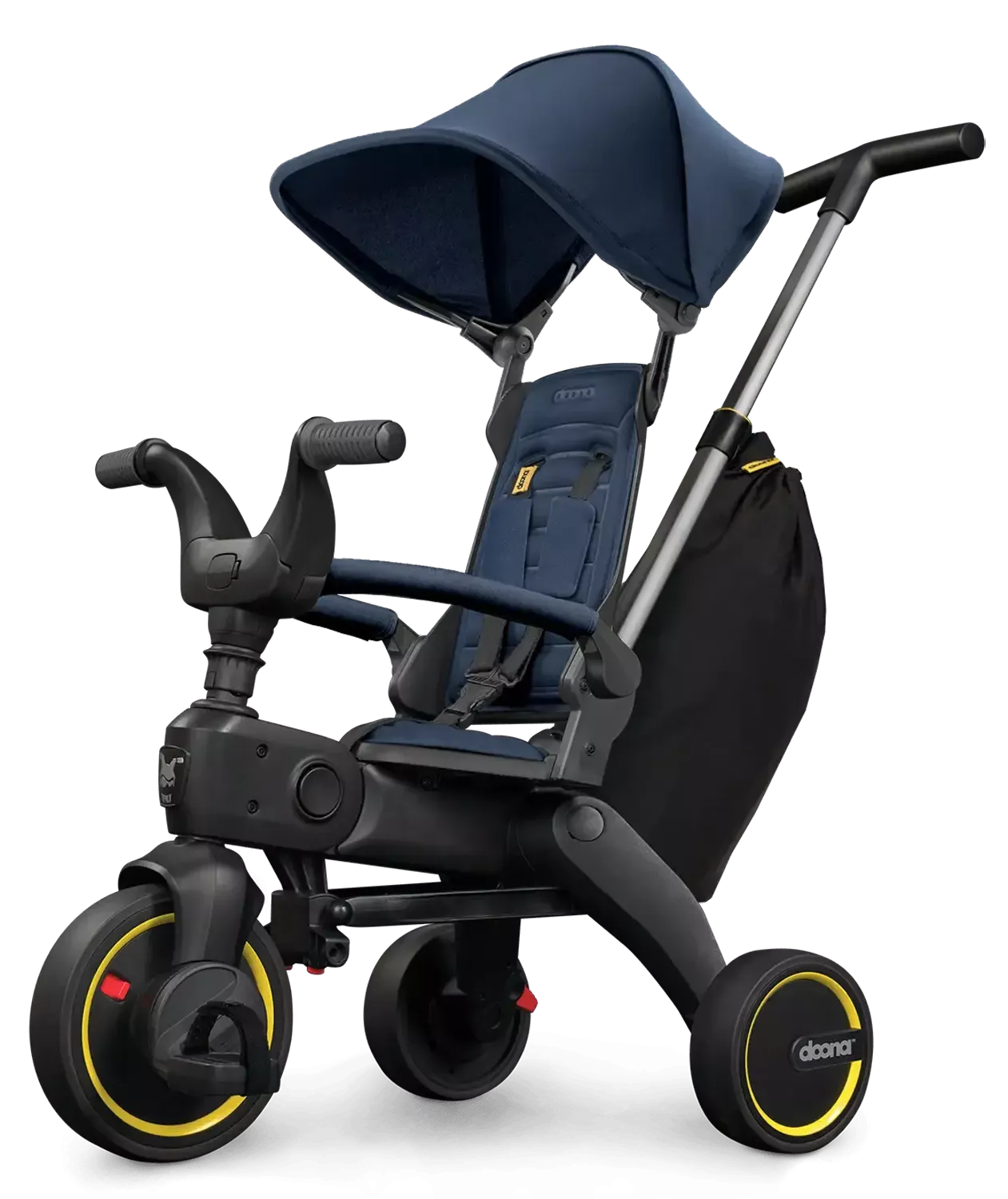 Doona Liki Trike S3 salokāms trīsritenis tumši zilā un melnā krāsā ar jumtiņu un rokturi