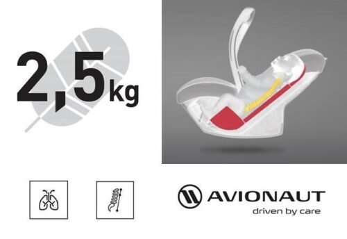 Avionaut autokrēsliņš zīdainim, 2,5 kg, ar redzamu galvas balstu un drošības jostām