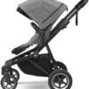 Thule Sleek bērnu ratiņi ar pelēku kulbu un melnu rāmi, redzams arī apakšējais grozs