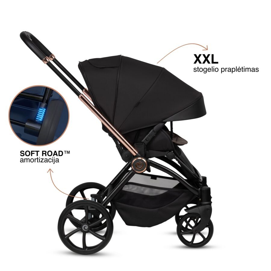 Melni bērnu ratiņi ar XXL jumtiņu un Soft Road amortizāciju, tumšiem riteņiem un rožzeltītām detaļām