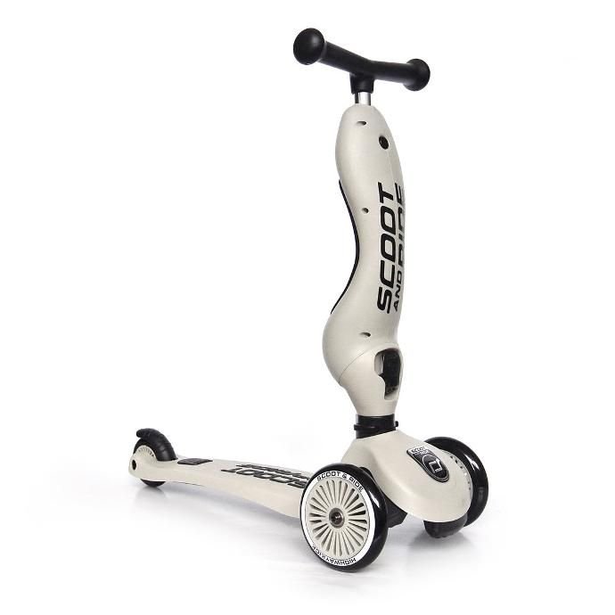 Pelēks Scoot and Ride Highwaykick 1 skrejritenis ar trim riteņiem un melnu rokturi