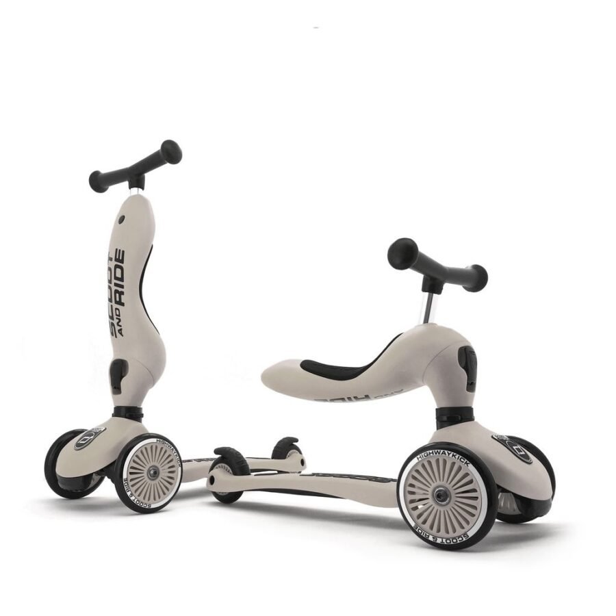 Scoot and Ride Highwaykick 1 pelēks skrejritenis ar trim riteņiem un sēdekli bērniem