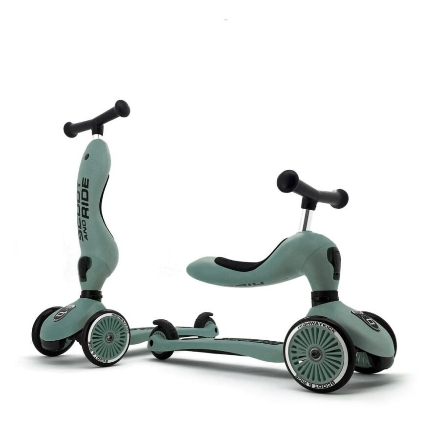 Zaļš Scoot and Ride Highwaykick 1 skrejritenis ar trim riteņiem un regulējamu rokturi