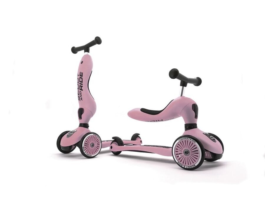 Rozā Scoot and Ride Highwaykick 1 skrejritenis ar trim riteņiem un regulējamu rokturi