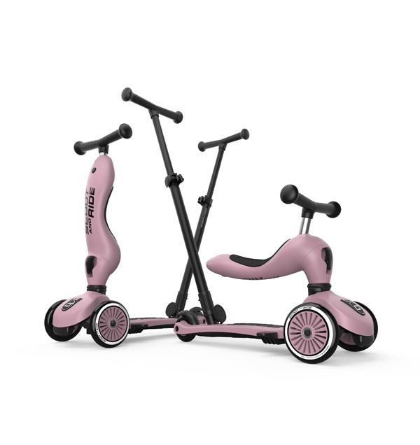 Rozā Scoot and Ride Highwaykick 1 skrejritenis ar stūmējrokturi un trim riteņiem